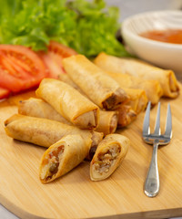 Thai food is spring rolls Thai style on salad background 