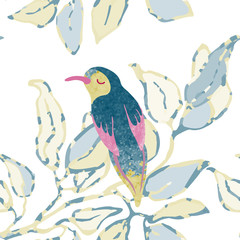 Vector seamless background with colorful watercolor illustration of leaves and birds. Can be used for wallpaper, pattern fills, web page, surface textures, textile print, wrapping paper