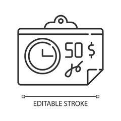 Paying for credit linear icon. Repaying loan mothly. Bill, tax, receipt with price. Financial report. Economy. Thin line illustration. Contour symbol. Vector isolated outline drawing. Editable stroke