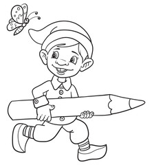 Vector character dwarf holds a pencil (black and white), coloring book.