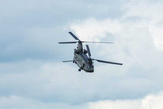 Demonstration flight of transport helicopter Boeing CH-47 Chinook, on April 25, 2018 in Berlin, Germany.