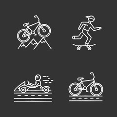 Fototapeta na wymiar Extreme sports chalk icons set. Mountain cycling. Cross-country, downhill biking. Skateboarding. Karting, open-wheel motorsport. Cycling, bicycle racing. Isolated vector chalkboard illustrations