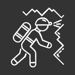 Spelunking chalk icon. Caving, potholing. Exploring underground caverns. Equipped spelunker. Walking, climbing in caves. Extreme sport. Isolated vector chalkboard illustration