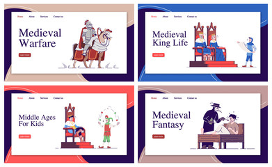 Medieval landing page vector template set. Middle Ages life website interface ideas with flat illustrations. Dark Age history homepage layout pack. Web banner, webpage cartoon concept