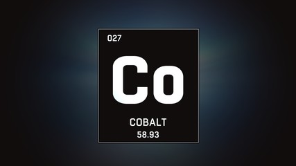 3D illustration of Cobalt as Element 27 of the Periodic Table. Grey illuminated atom design background with orbiting electrons. Design shows name, atomic weight and element number