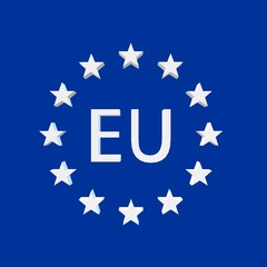 3D Illustration. Official colors of the third standardized version of the Flag of Europe or European Flag. EU symbol. A circle of twelve five-pointed white stars on a blue field.