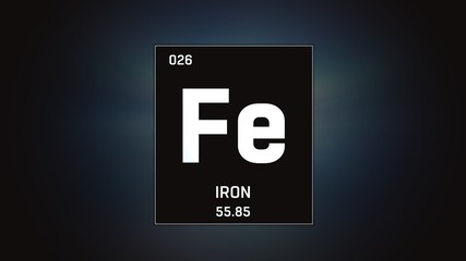 3D illustration of Iron as Element 26 of the Periodic Table. Grey illuminated atom design background with orbiting electrons. Design shows name, atomic weight and element number