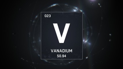 3D illustration of Vanadium as Element 23 of the Periodic Table. Silver illuminated atom design background with orbiting electrons. Design shows name, atomic weight and element number