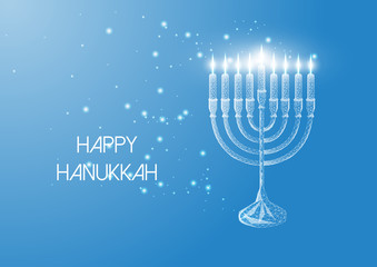 Happy Hanukkah greeting card with glowing low poly menorah and burning candles on blue background.