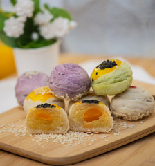Dessert Mochi or Chinese pastry-bean cake with egg yolk.