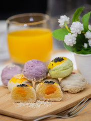 Dessert Mochi or Chinese pastry-bean cake with egg yolk.