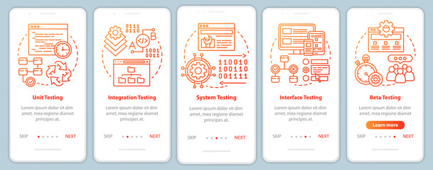 Functional software testing orange onboarding mobile app page screen vector template. Progam analysis. Walkthrough website steps with linear illustrations. UX, UI, GUI smartphone interface concept