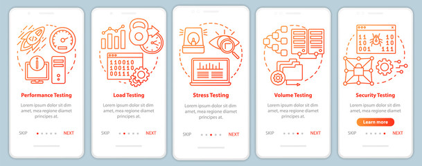Naklejka premium Non-functional software testing orange onboarding mobile app page screen vector template. Program analysis. Walkthrough website steps with linear illustration. UX, UI, GUI smartphone interface concept