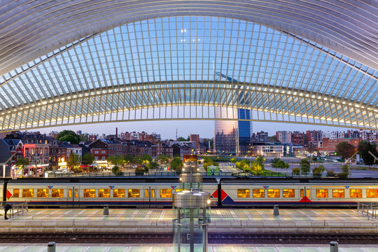 Liege Guillemins train railway station hall platform trains Santiago Calatrava Belgium