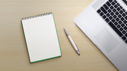 top view of blank notebook and pencil on wooden tabletop