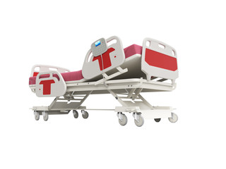 Modern red hospital bed with lifting mechanism on the control panel 3d render on white background no shadow