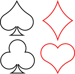 Suits of playing cards: Hearts, Diamonds, Club, Spades. Linear design. Isolated on a white background. Kraust and black on a white background.