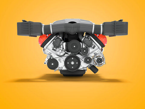 Engine for car assembly front view 3D render on orange background with shadow