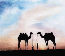 realistic color sketch drawing of camels silouette , at sunset