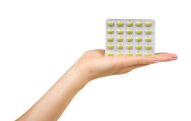 Silver blister with pills. Pharmacy help, medicine drug.