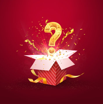 Open textured red box with question sign and confetti explosion inside and on blue background. Mystery gift box with secret isolated vector illustration