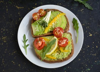 sandwiches with avocado and cherry tomatoes in a white plate on a dark background