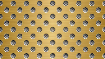 Abstract metal background with round holes in golden and gray colors