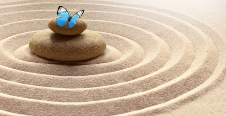 Fototapeta na wymiar zen garden meditation stone background and butterfly with stones and lines in sand for relaxation balance and harmony spirituality or spa wellness