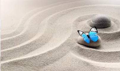 Foto op Aluminium Zen tuin meditatie stenen achtergrond en vlinder met stenen en lijnen in zand voor ontspanning balans en harmonie spiritualiteit of spa wellness © Belight