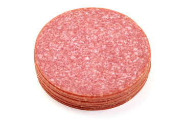 Salami sausage slices, isolated on white background
