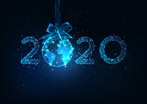 Happy New Year digital web banner with futuristic 2020 number and Earth globe hanging on ribbon bow