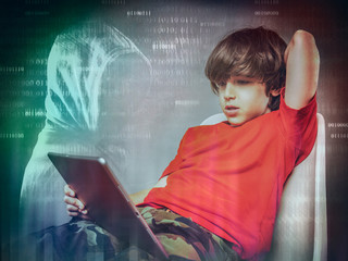 young child with tablet  internet  addiction and  dangers concept