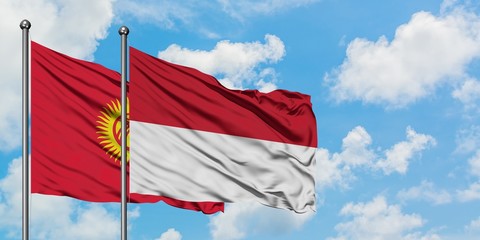 Kyrgyzstan and Indonesia flag waving in the wind against white cloudy blue sky together. Diplomacy concept, international relations.