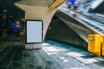 Clear Billboard in public place with blank copy space screen for advertising or promotional poster content, empty mock up Lightbox for information, blank display in station area with daylight © BullRun
