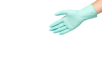 Hand with rubber glove, protection uniform, medicine safety and care concept.