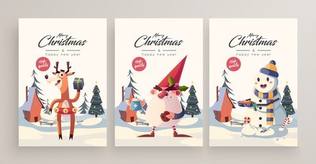 Fototapeta premium New Year 2020 And Christmas Greeting Card collection. Cute holiday themed Characters and situations