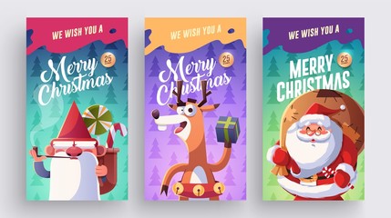 Set of Merry Christmas and Happy new Year greeting cards design with Christmas characters. Vector illustration