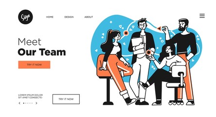 Presentation slide template or landing page website design. Business concept illustrations. Modern flat outline style. Teamwork concept