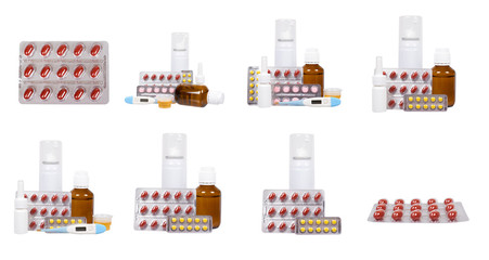 Medical pills in blister, medicament tablet, set and collection.