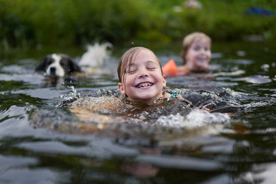 Two children and a dog swim in a river near the shore.  The mood of summer, warmth and joy from swimming.