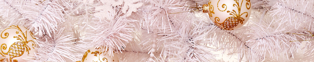 Christmas background horizontal long frame. White Xmas tree with copy space .