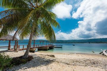 Port Vila, Vanuatu - April 6 2019: Jetty of a tropical Hideaway Island, Vanuatu, Port Vila, popular holidaymakers island for snorkeling.
