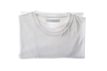 Folded white t-shirt isolated on white background, space for text
