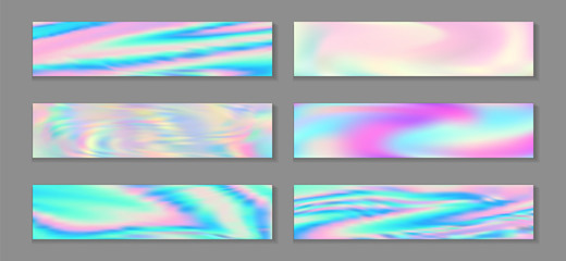 Hologram luminous banner horizontal fluid gradient unicorn backgrounds vector set. Pastel 