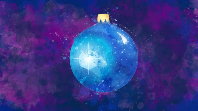Watercolor Christmas decoration blue ball on the back-ground of colored blots.