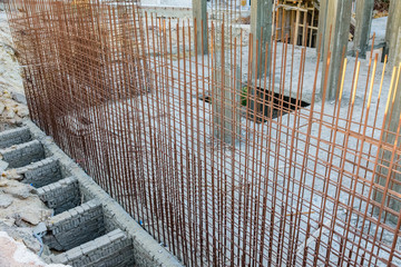 Closeup of the armature. Residential building under construction