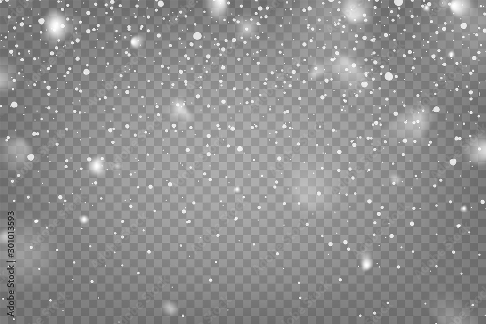 Aufkleber Realistic falling snow with snowflakes and clouds. Winter transparent background for Christmas or New Year card. Frost storm effect, snowfall, ice. Vector illustration.