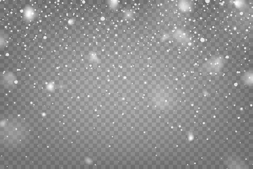 Deurstickers Realistische vallende sneeuw met sneeuwvlokken en wolken. Winter transparante achtergrond voor kerst of nieuwjaarskaart. Frost storm effect, sneeuwval, ijs. Vector illustratie. © 32 pixels