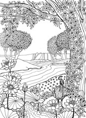 A beautiful graphic landscape of India, a jungle filled with flowers, with lotuses by the stream, peacock, and tree. Landscape for God Krishna. Graphic drawing