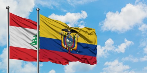 Lebanon and Ecuador flag waving in the wind against white cloudy blue sky together. Diplomacy concept, international relations.